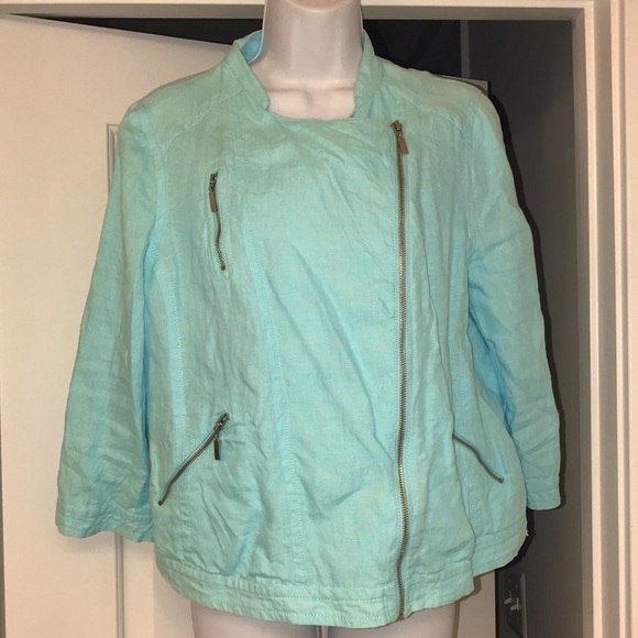 Chico’s Linen Moto Jacket Women’s Size 1 Zip Front & zipper Pockets 3/4 Sleeves - Picture 1 of 9